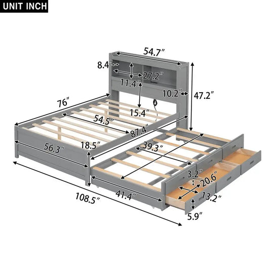 Full Size Platform Bed With Trundle, Drawers And Headboard