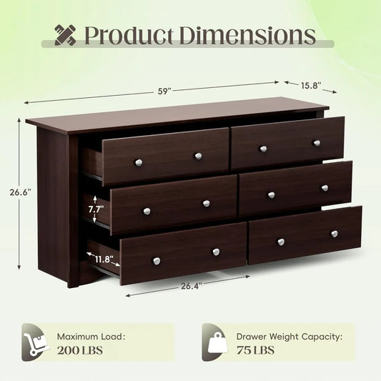 Dresser 6 Wood Drawers for Bedroom