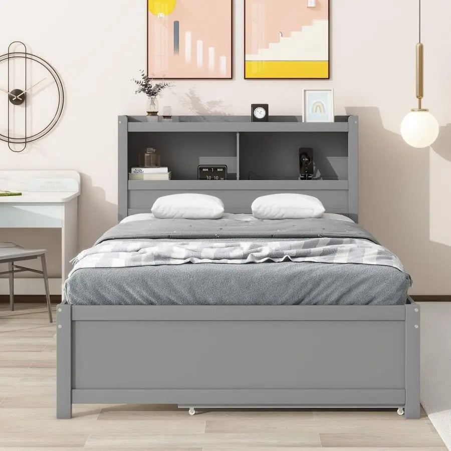 Full Size Platform Bed With Trundle, Drawers And Headboard