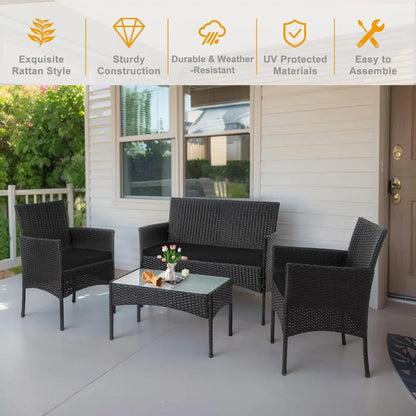 4 Piece Wicker Patio Conversation Furniture Set