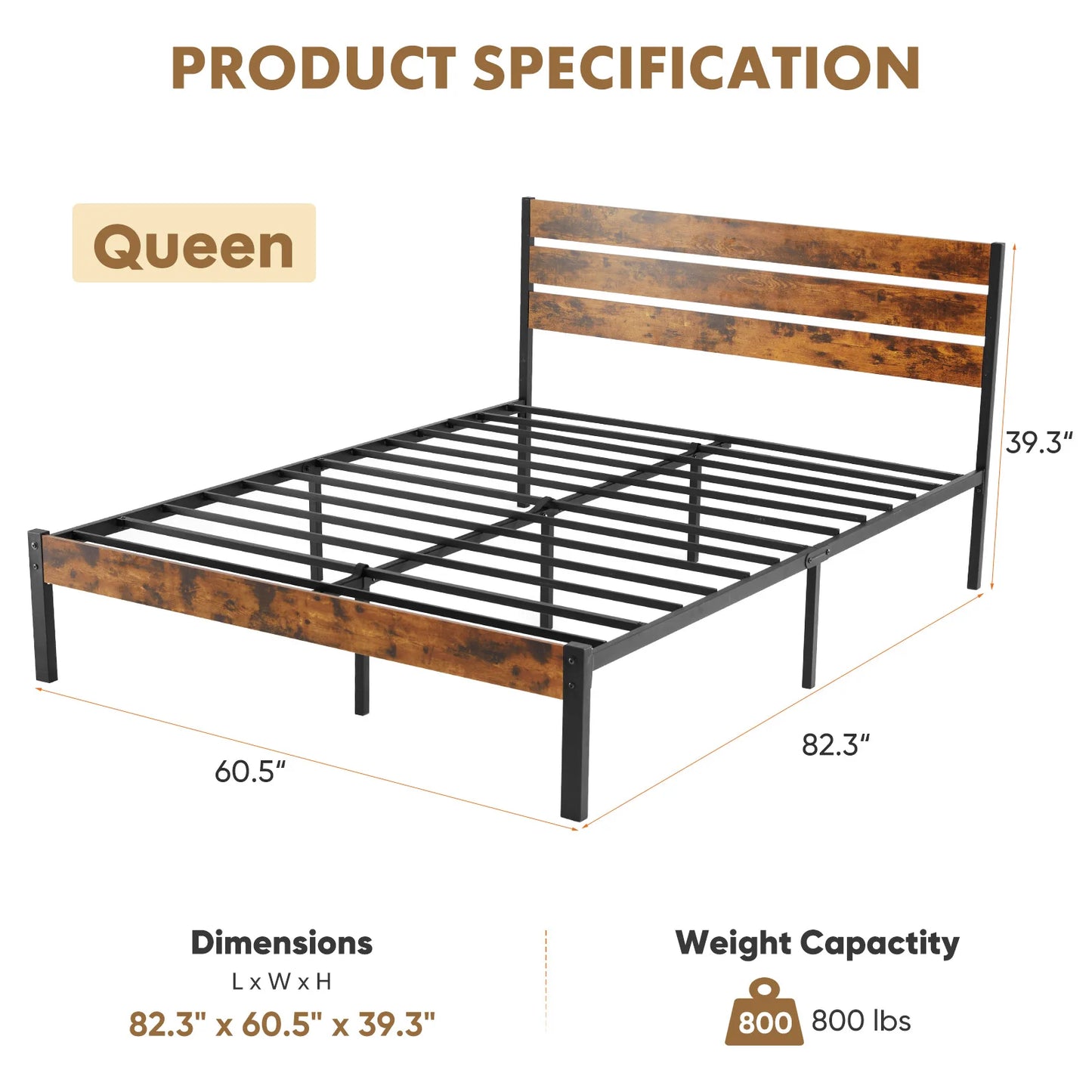 Wooden Headboard and Metal Platform Bed Frame