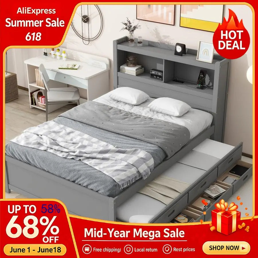Full Size Platform Bed With Trundle, Drawers And Headboard