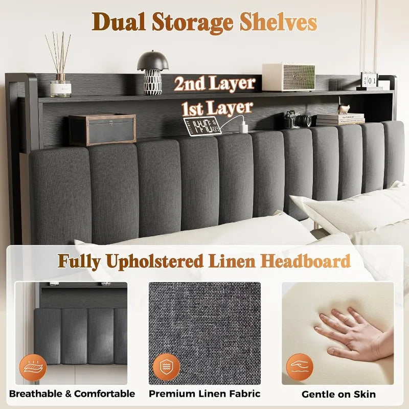 Bed Frame King Size with Upholstered Headboard