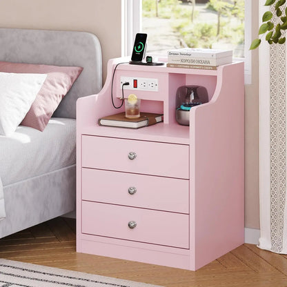 Nightstand with Hutch, Storage Drawers & Charging Station
