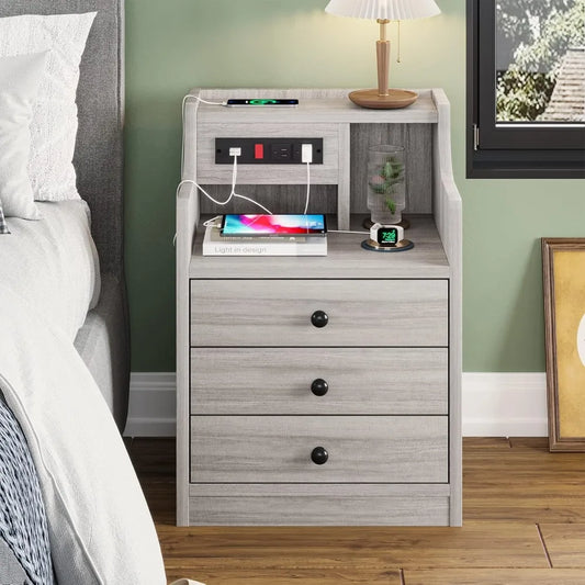 Nightstand with Hutch, Storage Drawers & Charging Station