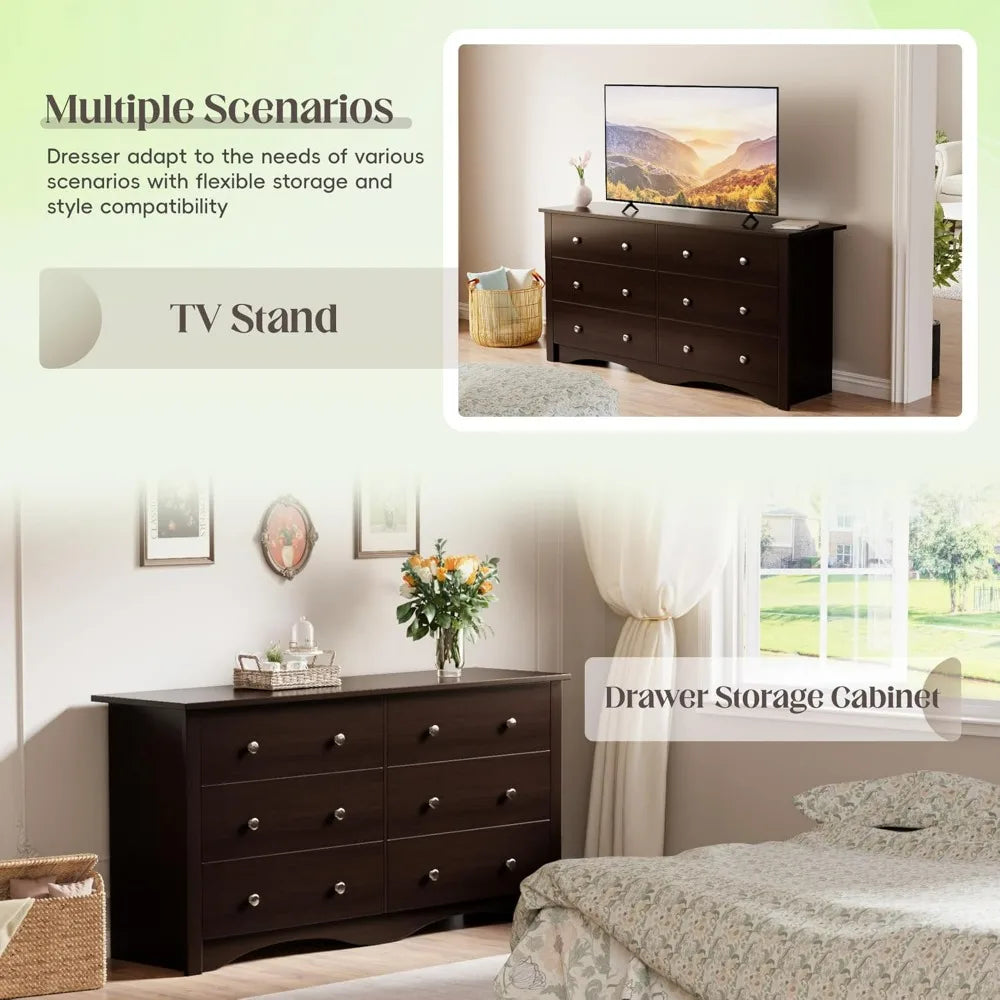 Dresser 6 Wood Drawers for Bedroom