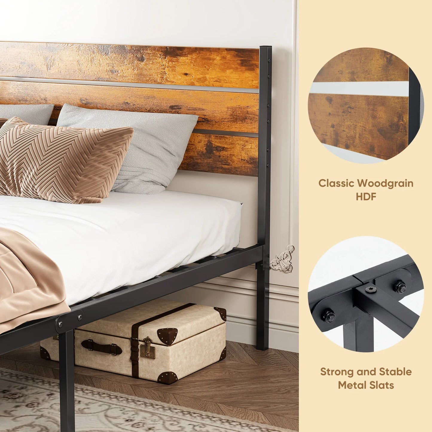 Wooden Headboard and Metal Platform Bed Frame