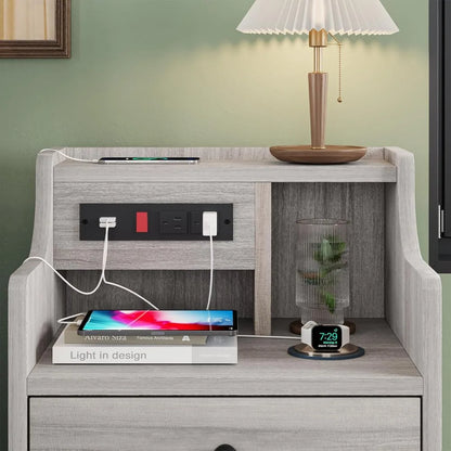 Nightstand with Hutch, Storage Drawers & Charging Station