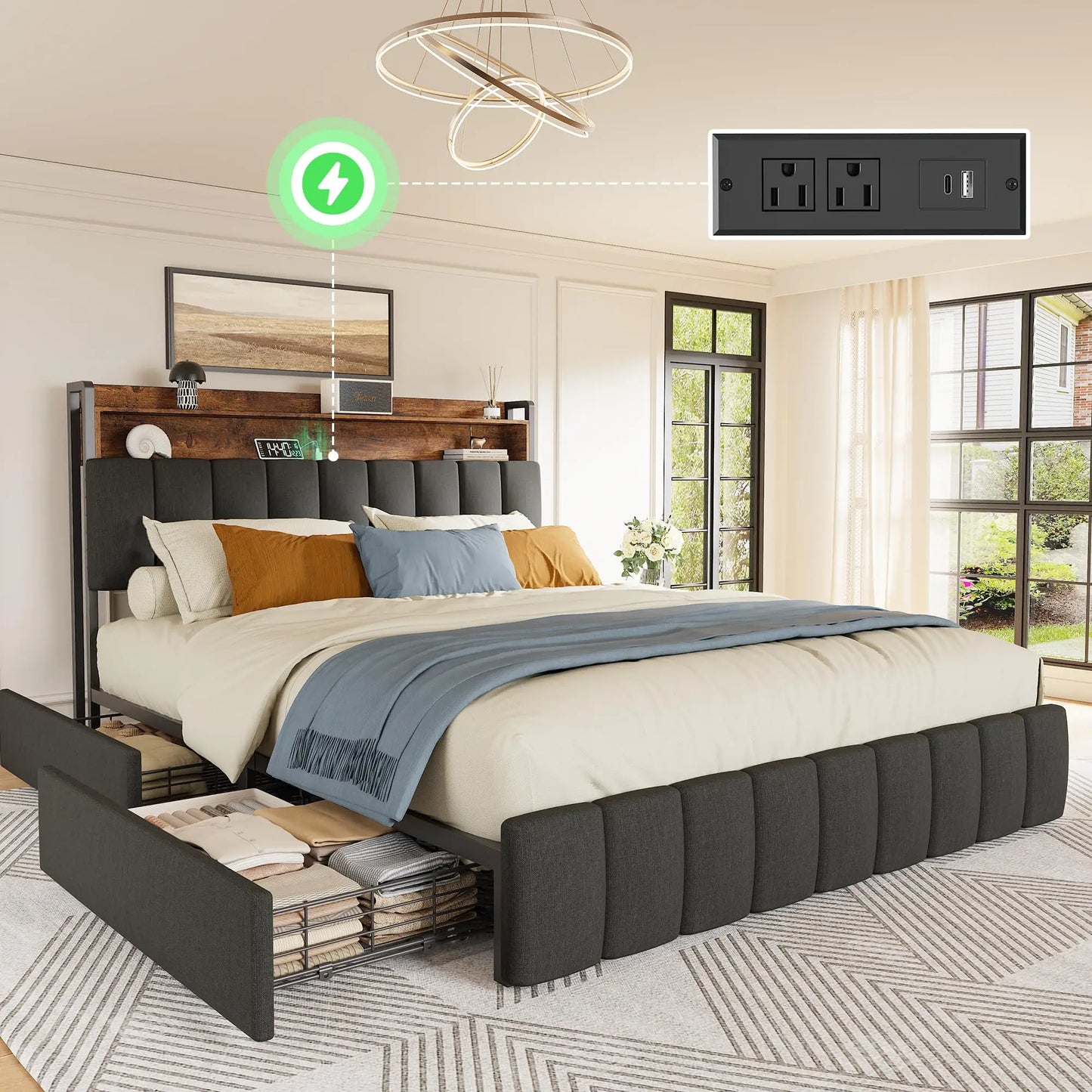 Bed Frame King Size with Upholstered Headboard