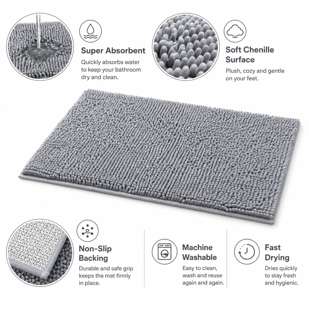 Gray Chenille  Non Slip Bath Mat