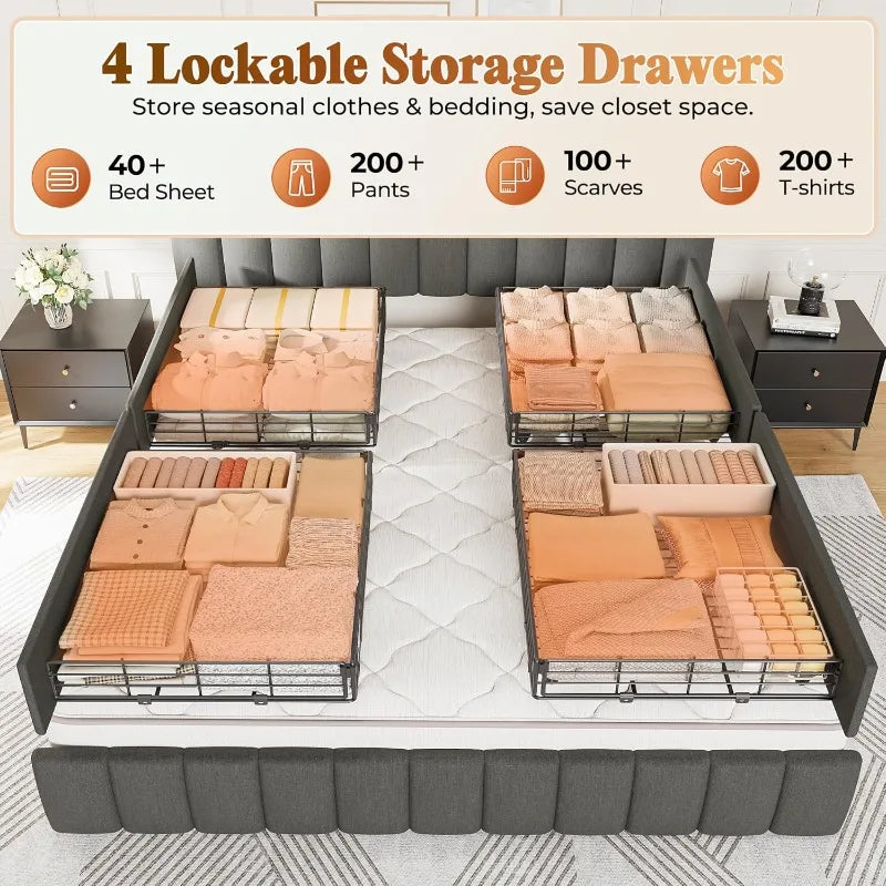 Bed Frame King Size with Upholstered Headboard