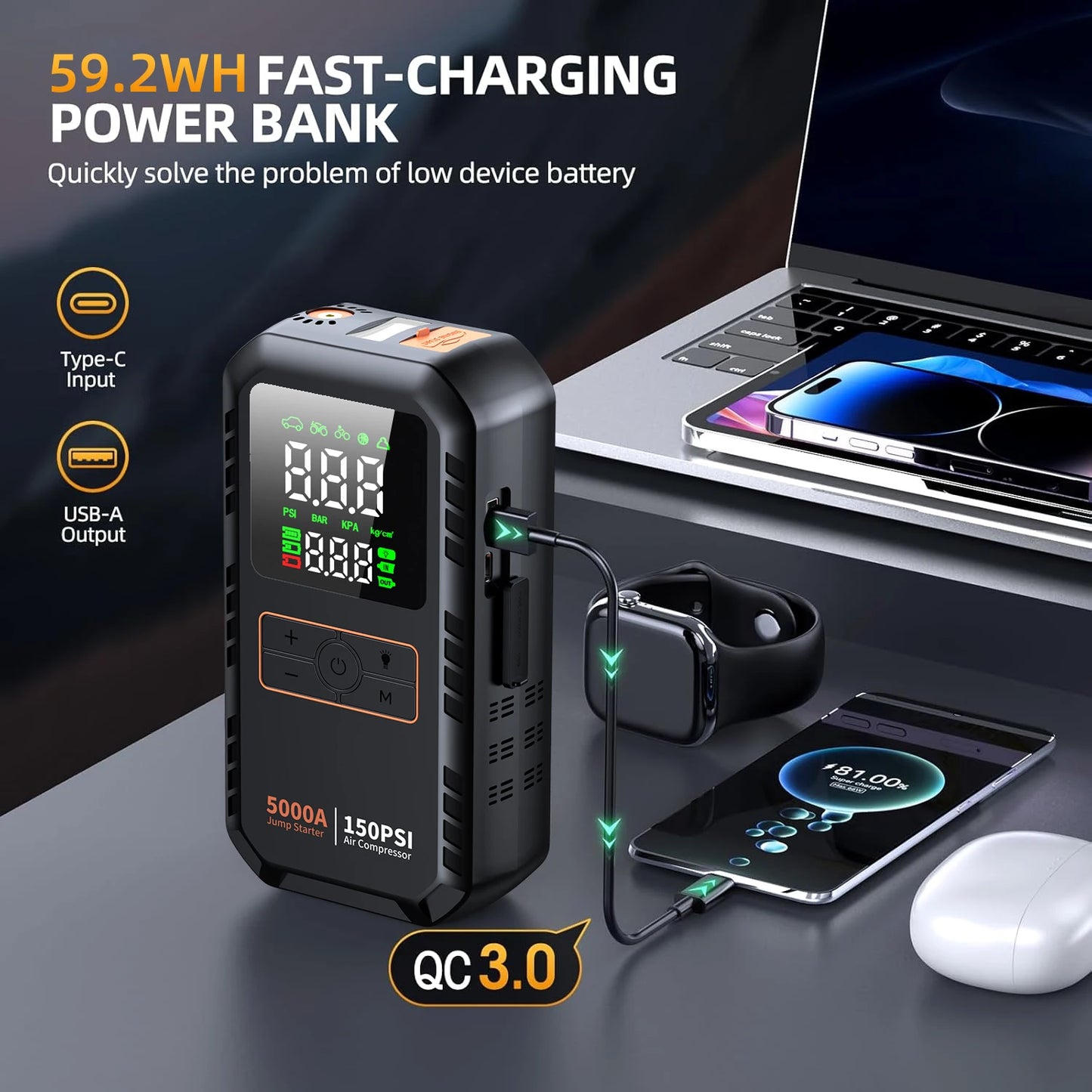 4-IN-1 Car Jump Starter with Air Compressor