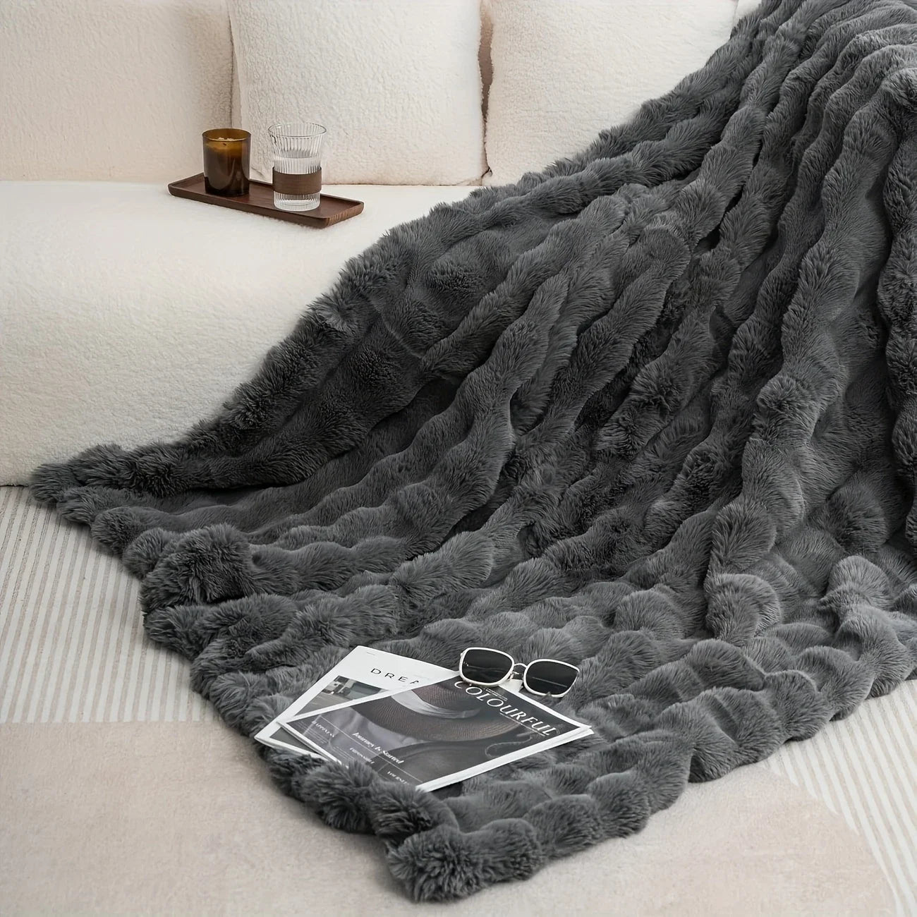 Cozy Faux Rabbit Fleece Blanket / Throw