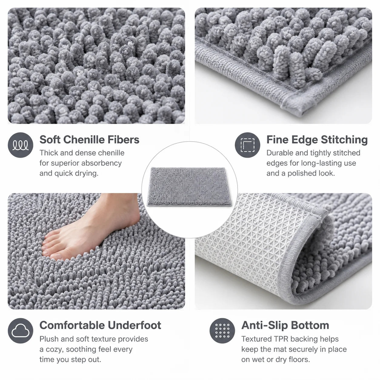 Gray Chenille  Non Slip Bath Mat