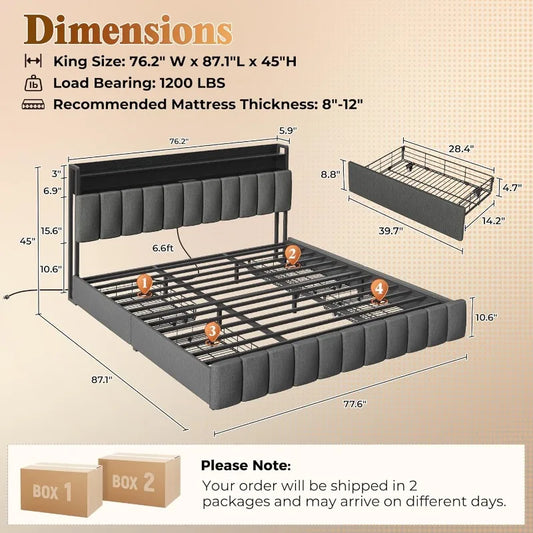 Bed Frame King Size with Upholstered Headboard