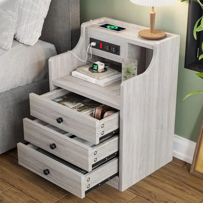 Nightstand with Hutch, Storage Drawers & Charging Station