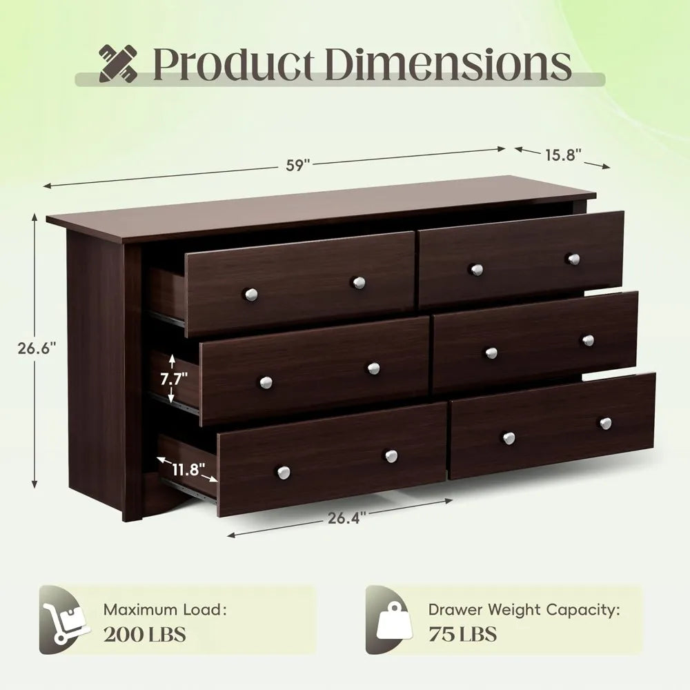 Dresser 6 Wood Drawers for Bedroom
