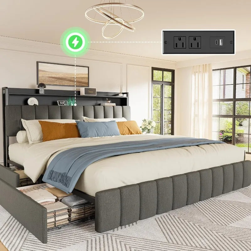 Bed Frame King Size with Upholstered Headboard