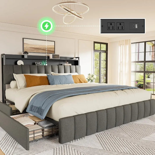 Bed Frame King Size with Upholstered Headboard