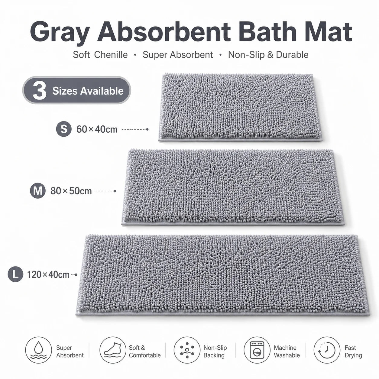 Gray Chenille  Non Slip Bath Mat