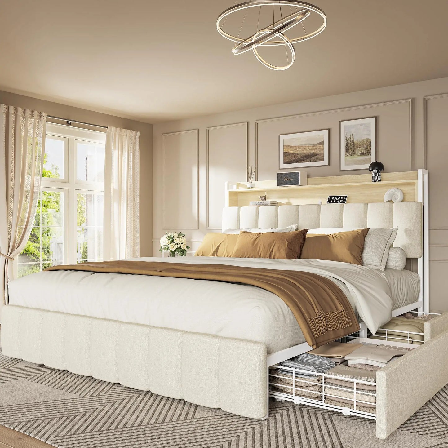 Bed Frame King Size with Upholstered Headboard