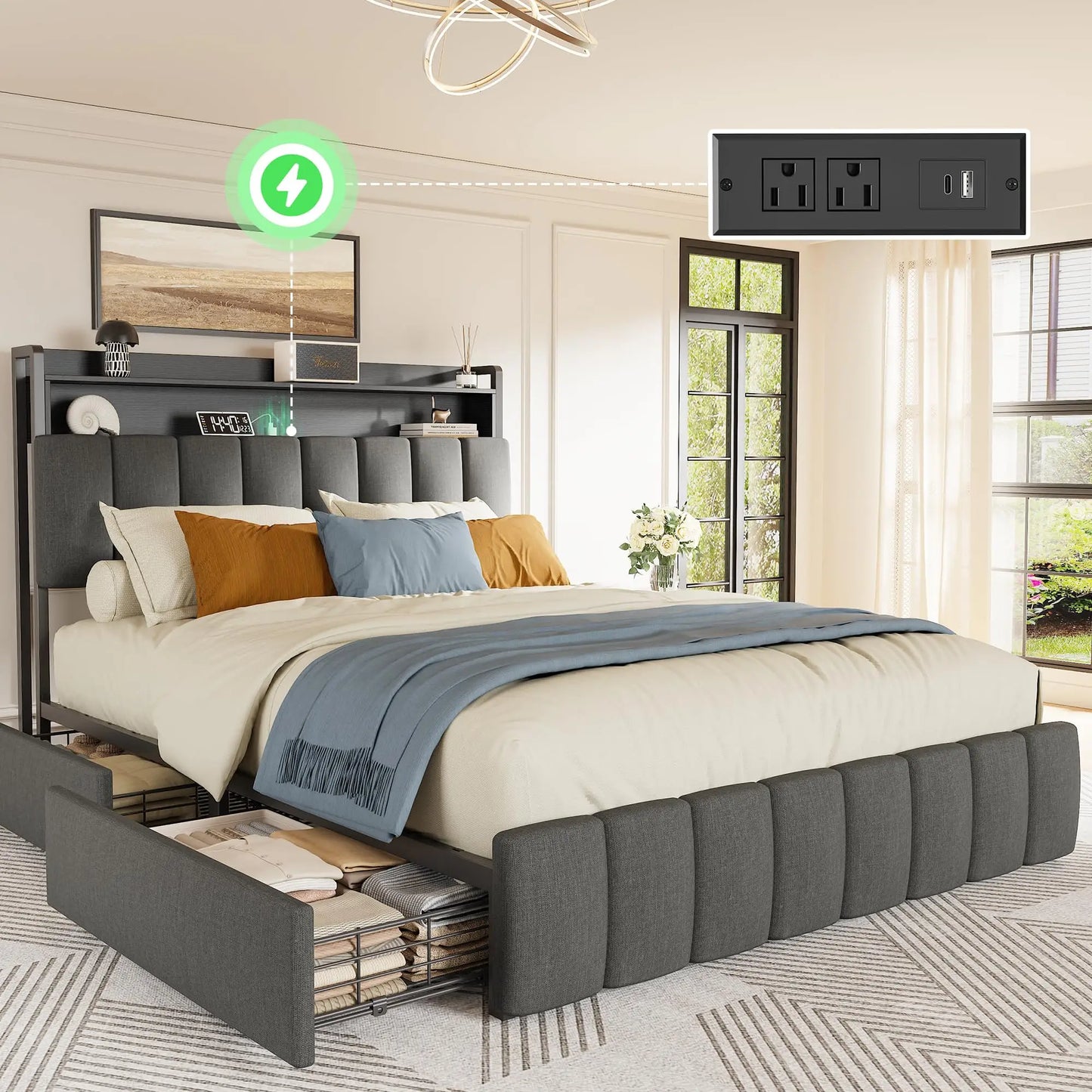 Bed Frame King Size with Upholstered Headboard