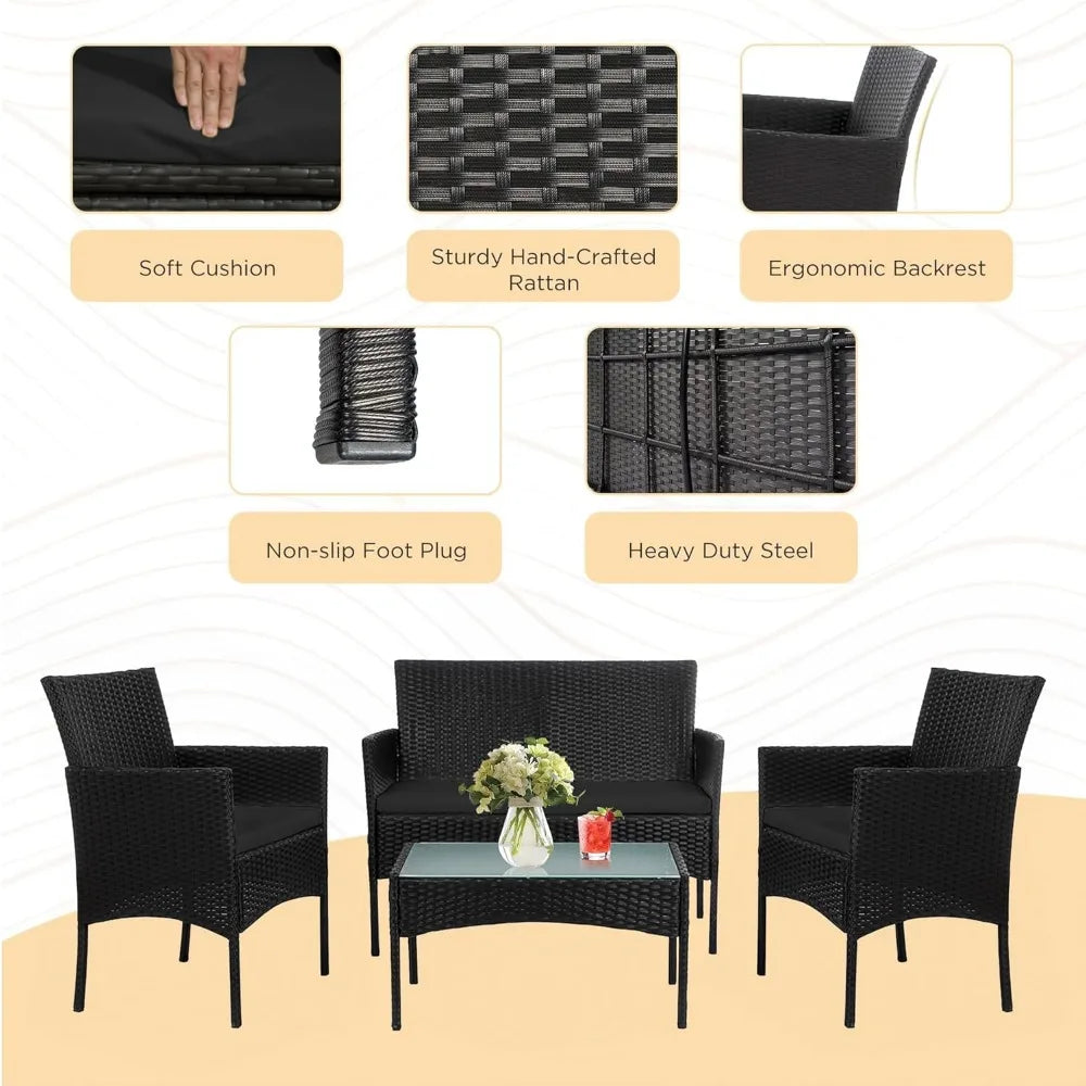 4 Piece Wicker Patio Conversation Furniture Set