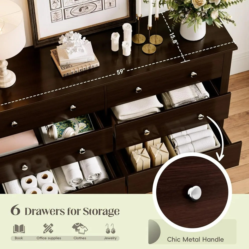 Dresser 6 Wood Drawers for Bedroom
