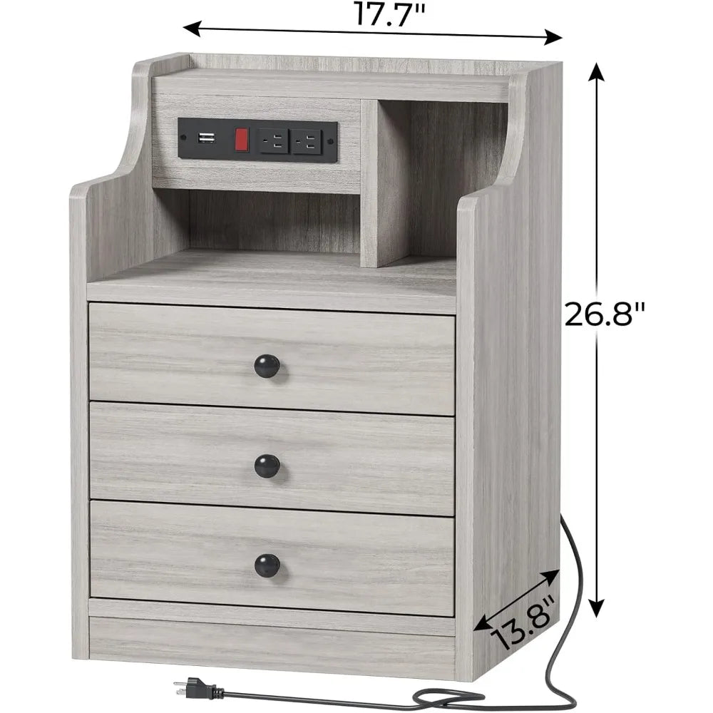 Nightstand with Hutch, Storage Drawers & Charging Station