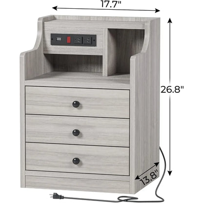 Nightstand with Hutch, Storage Drawers & Charging Station