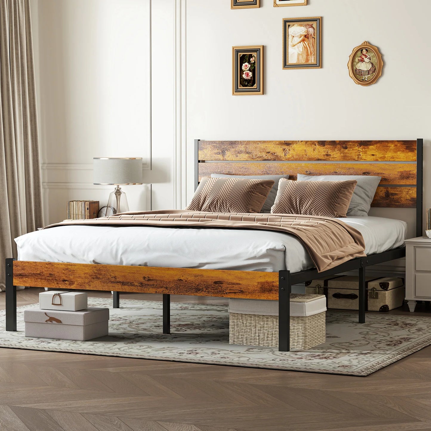 Wooden Headboard and Metal Platform Bed Frame