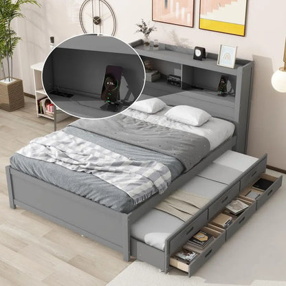 Full Size Platform Bed With Trundle, Drawers And Headboard